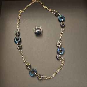 Elegant Blue and Gold Necklace and Statement Stretch Ring Set.